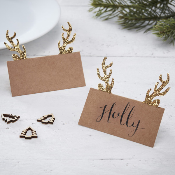 10 Rustikale Weihnacht Rentier Tischkarten gold 2