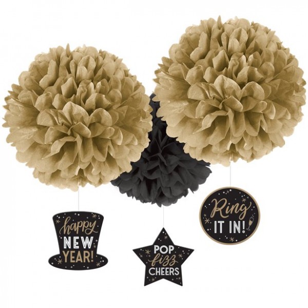 3 Silvester Pompon Hänger schwarz-gold