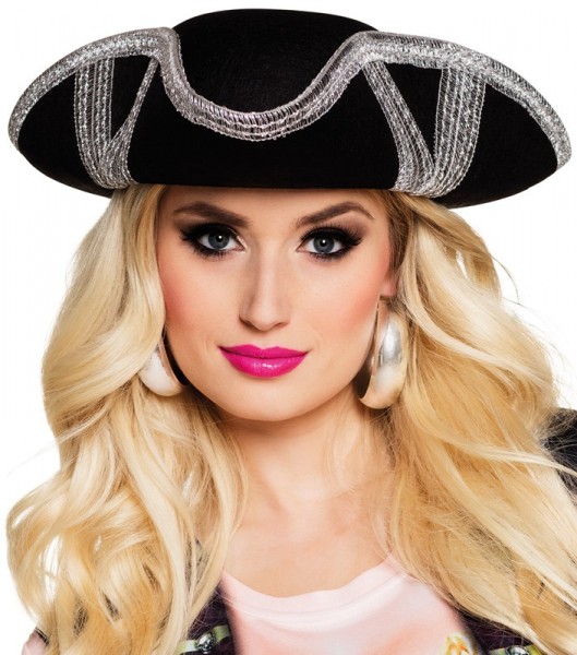Edler Damen Piratenhut In Silber-Schwarz