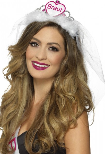 Elegantes Weiß-Pinkes Braut Diadem MIt Schleier