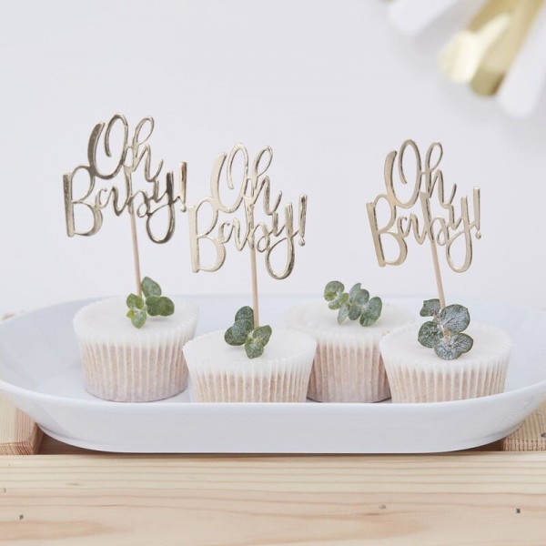 12 Goldene Oh Baby Cupcake Spieße 13,5cm