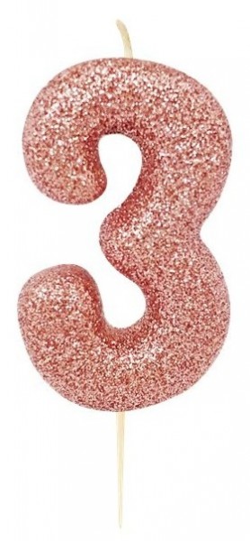 Glitzernde Zahl 3 Tortenkerze roségold 7cm