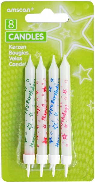 Tortenkerze Weiß Mit Happy Birthday Schriftzug Inklusive Halterung 8 Stück