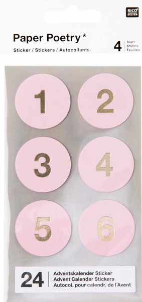 24 Adventskalender Zahlen Sticker rosa