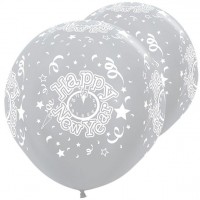 2 Silberfarbene Happy New Year Riesenballons 91cm
