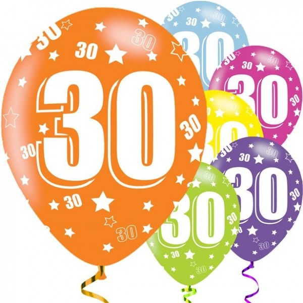 6 bunte Latexballons 30. Geburtstag 28cm