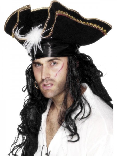 Schwarzer Premium Piratenhut Mit Feder