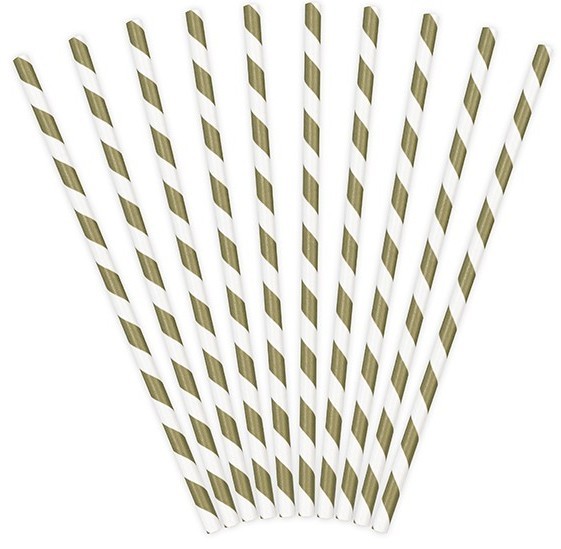 10 Gestreifte Papier Strohhalme gold 19,5cm