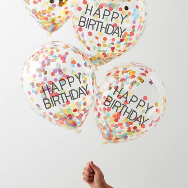 5 Regenbogen Konfettiballons Birthday 30cm