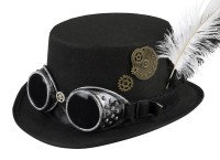 Schwarzer Steampunk Zylinder Mit Brille & Federschmuck