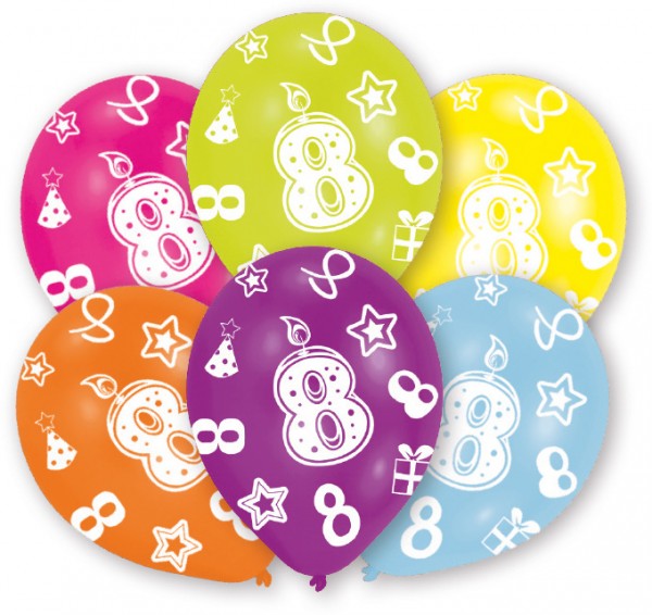 6 bunte Luftballons 8.Geburtstag 27,5 cm