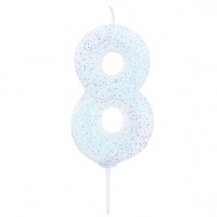 Glitzernde Zahl 8 Tortenkerze weiß 7cm