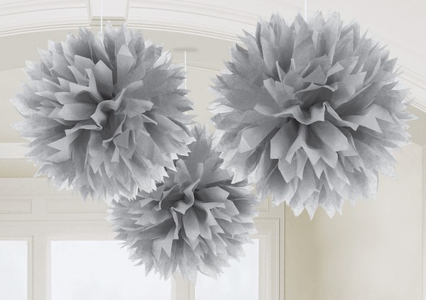 3 Fluffy Pompons Silber 40,6cm