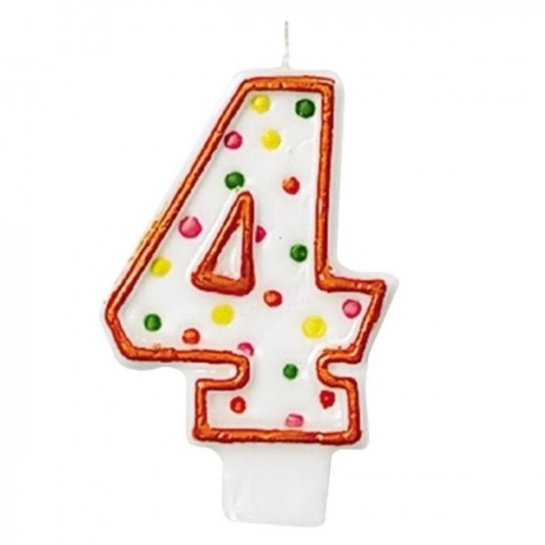 Zahl 4 Tortenkerze bunte Punkte rot 7,6cm