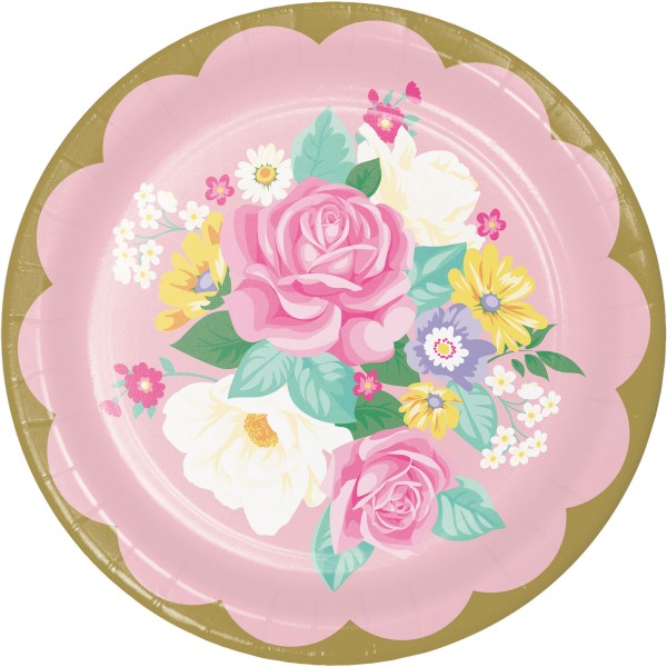 8 Florale Teeparty Pappteller 23cm