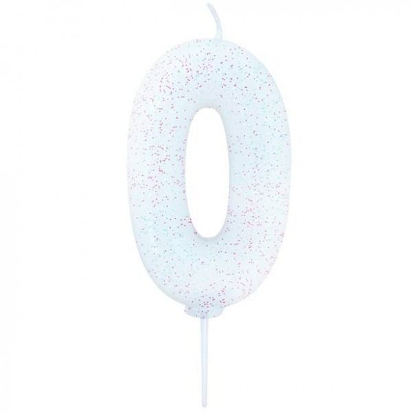 Glitzernde Zahl 0 Tortenkerze weiß 7cm