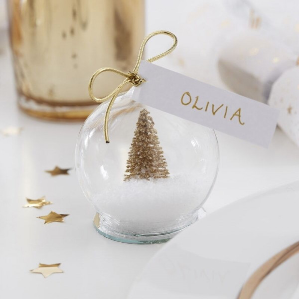 4 Goldene Weihnacht Schneekugel Tischkarten 6cm