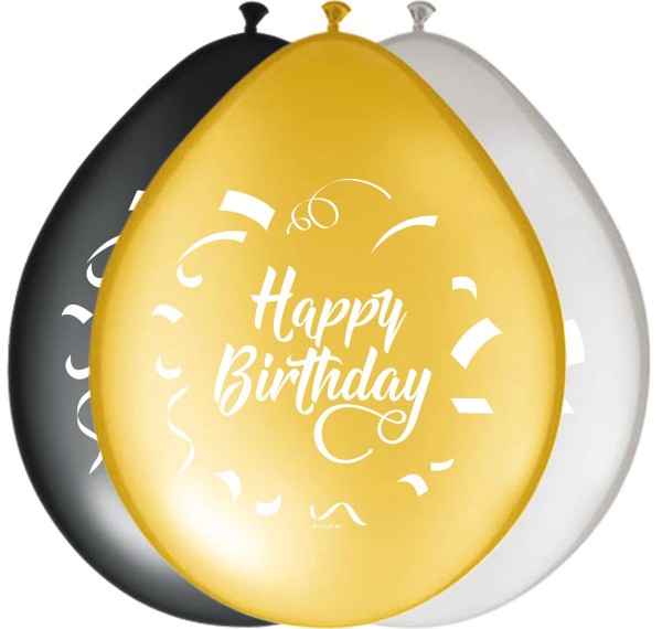 8 Ballons Happy Bday gold-silber-schwarz