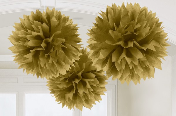 3 Fluffy Pompons Gold 40,6cm