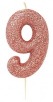 Glitzernde Zahl 9 Tortenkerze roségold 7cm