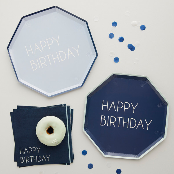 8 Blaue Happy Birthday Eco Pappteller 25cm