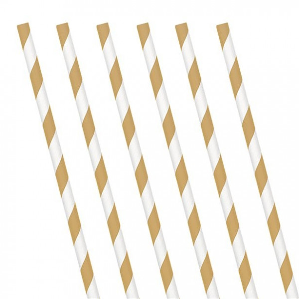 24 Gold-Weiß gestreifte Papier Trinkhalme 19 cm