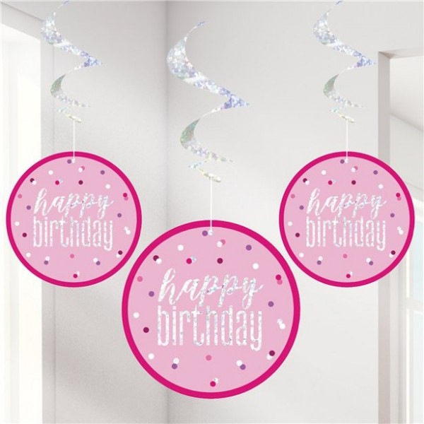 6er Set Happy Birthday pinke Wirbel Hängedeko 80cm