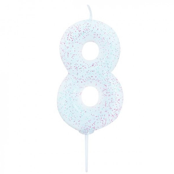 Glitzernde Zahl 8 Tortenkerze weiß 7cm