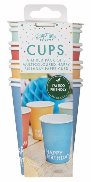 8 Eco Geburtstags-Pappbecher 250ml bunt 3