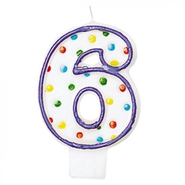 Zahl 6 Tortenkerze bunte Punkte lila 7,6cm