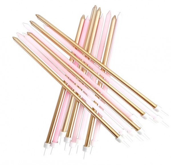 16 XXL Tortenkerzen rosa-gold 18cm