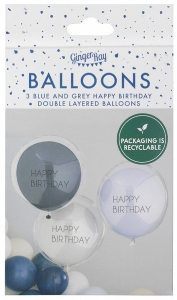 3 Blaue Happy Birthday double stuffed Ballons 2