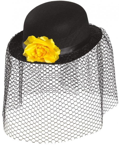 Schwarzer Damenhut Mit Schleier Und Gelber Blume