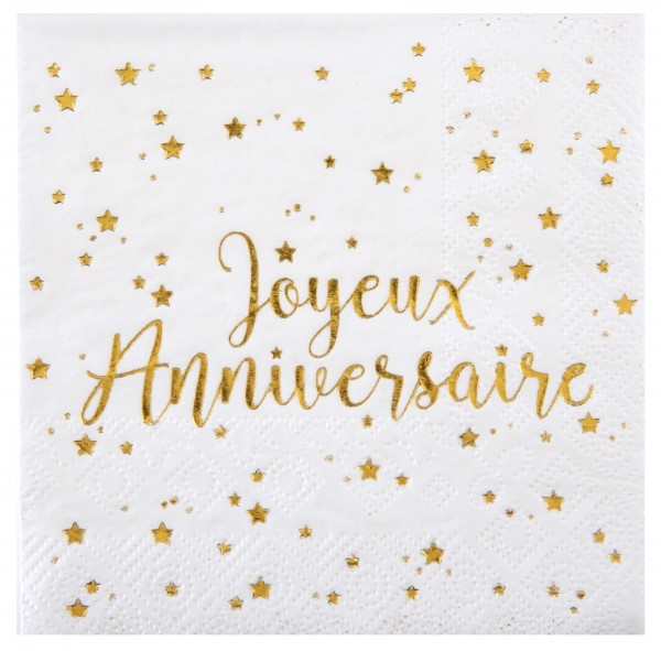 20 Joyeux Anniversaire Servietten weiß-gold 25cm