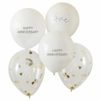 5 jubileumsballonger vit och guld 30cm
