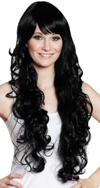 Perücke Langhaar Locken Schwarz Mit Pony