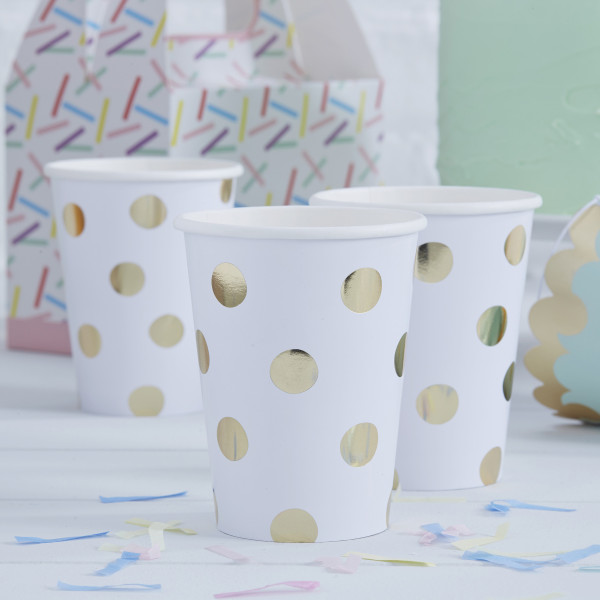 8 Weiße Pappbecher mit goldenen Punkten 255ml