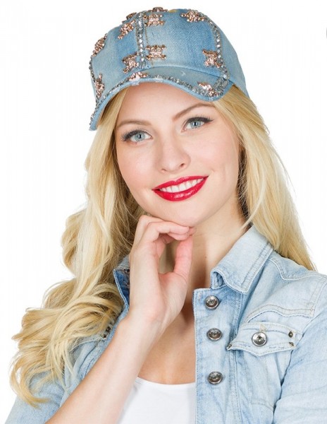 Jeans Cap mit goldenen Totenköpfen
