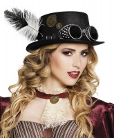 Schwarzer Steampunk Zylinder Mit Brille & Federschmuck