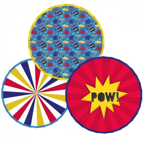 3 Comic Helden Papierrosetten 30cm