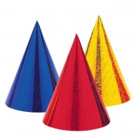 8 Bunte holografische Partyhüte 14cm