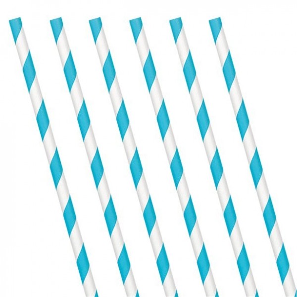 24 gestreifte Papier Strohhalme azurblau-weiß 19 cm