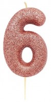 Glitzernde Zahl 6 Tortenkerze roségold 7cm