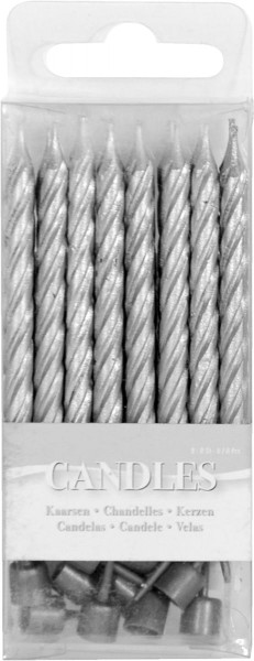 16 Tortenkerzen silber mit 16 Halterungen
