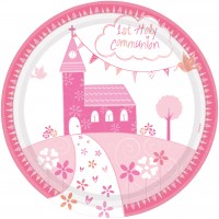 8 Kommunion Pappteller pink 23cm
