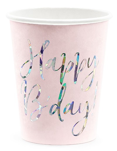 6 Rosa Birthday Pappbecher 220ml