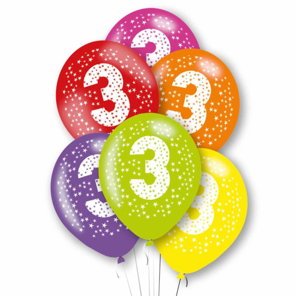 6 färgglada nummer 3 latexballonger 27,5cm