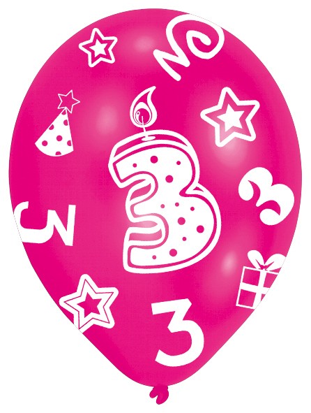 6 bunte Luftballons 3.Geburtstag 27,5 cm 2