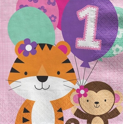 16 First Wild Birthday Servietten rosa 33cm