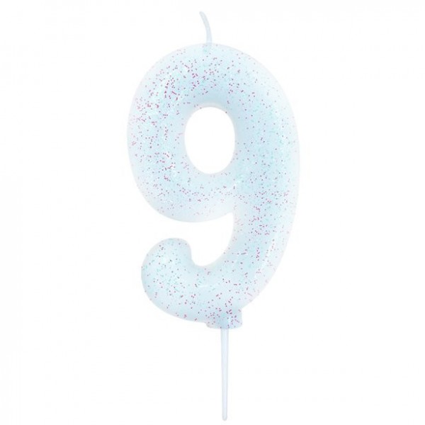 Glitzernde Zahl 9 Tortenkerze weiß 7cm